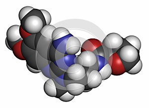 Alfuzosin benign prostate hyperplasia BPH drug molecule. Atoms are represented as spheres with conventional color coding:.