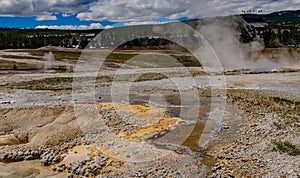 Algae-bacterial mats. Hot thermal spring, hot pool in the Yellowstone NP. Wyoming, US