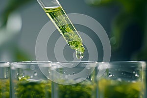 Algae Plaint and Pipette Over Test Tube, Dropping Sample Chemical into Green Tubes, Biotechnology