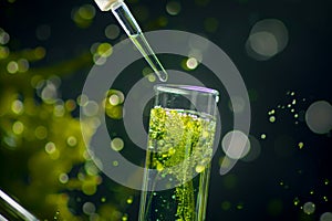 Algae Plaint and Pipette Over Test Tube, Dropping Sample Chemical into Green Tubes, Biotechnology