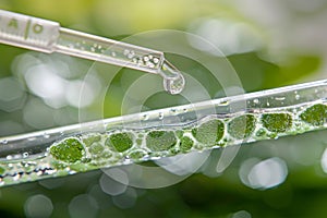 Algae Plaint and Pipette Over Test Tube, Dropping Sample Chemical into Green Tubes, Biotechnology