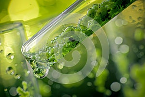 Algae Plaint and Pipette Over Test Tube, Dropping Sample Chemical into Green Tubes, Biotechnology