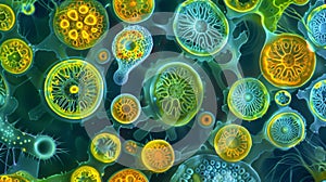 A of algal cells each one characterized by a distinct geometric shape and vivid coloration arranged in a repeating photo