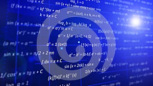 Algebra concept. The blue screen shows the basic formulas of modern mathematics