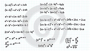 Algebraic identities expression formula doodle handwriting collection set vector illustration. Scientific education square photo