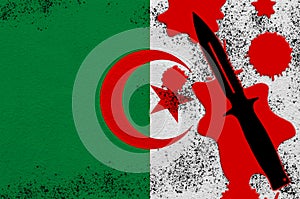 Algeria flag and black tactical knife in red blood. Concept for terror attack or military operations with lethal outcome
