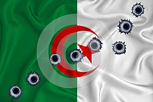 Algeria flag Close-up shot on waving background texture with bullet holes. The concept of design solutions. 3d rendering