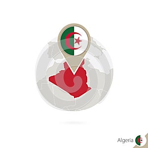 Algeria map and flag in circle. Map of Algeria, Algeria flag pin