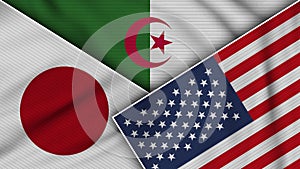 Algeria United States of America Japan Flags Together Fabric Texture Illustration