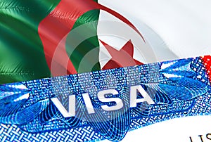 Algeria Visa. Travel to Algeria focusing on word VISA, 3D rendering. Algeria immigrate concept with visa in passport. Algeria