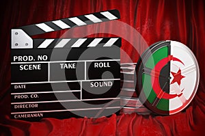 Algerian cinematography, film industry, cinema in Algeria. Clapperboard with and film reels on the red fabric, 3D rendering