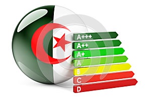 Algerian flag with energy efficiency rating. Performance certificates in Algeria concept. 3D rendering