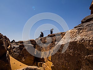 Algerian Sahara desert oasis of Thaghit Bechar Desert rocks and inscription on the walls