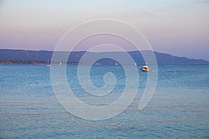 Alghero, Sardinia, Italy - Panoramic view of the Gulf of Alghero and town of Fertilia in the Porto Conte Regional Park