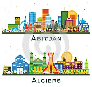 Algiers and Abidjan Ivory Coast City Skyline set with Color Buildings isolated on white