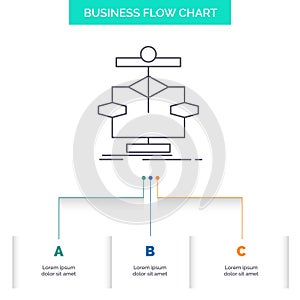 Algorithm, chart, data, diagram, flow Business Flow Chart Design with 3 Steps. Line Icon For Presentation Background Template