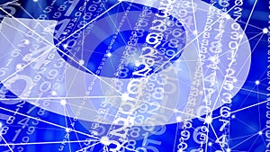 Algorithm for counting random numbers and digits with numerical code sequence connected lines on blue background for data science