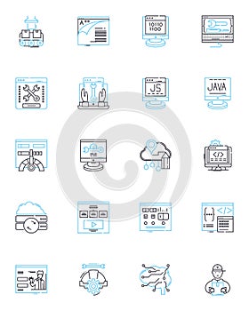 Algorithm Design linear icons set. Optimization, Computation, Complexity, Modeling, Heuristics, Algorithms, Data line