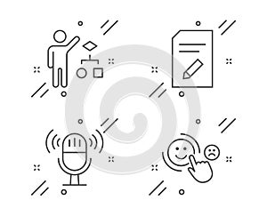 Algorithm, Edit document and Microphone icons set. Customer satisfaction sign. Vector