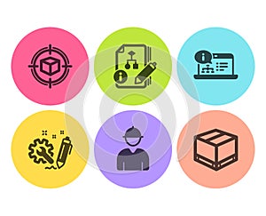 Algorithm, Engineering and Engineer icons set. Parcel tracking, Online documentation and Delivery box signs. Vector