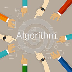 Algorithm problem solving flow chart hands working together as a team