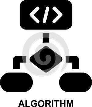 algorithm, procedure, flow chart, programming, coding, software development solid glyph icon