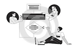 Algorithm in software development black and white 2D illustration concept