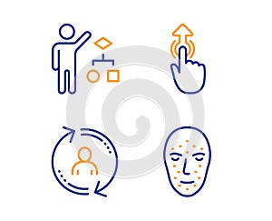 Algorithm, Swipe up and User info icons set. Face biometrics sign. Vector