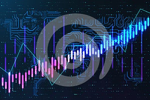 Algorithmic trading concept with digital growing up financial candlestick and microcircuit on dark background