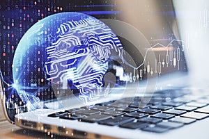 Algorithmic trading system concept with digital diagram, programming numbers and microchip worl map at opened laptop background