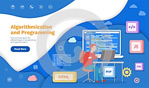 Algorithmization and programming landing page template, coding, programmer at work with computer
