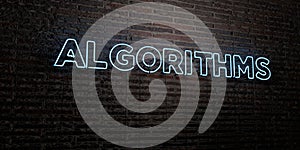 ALGORITHMS -Realistic Neon Sign on Brick Wall background - 3D rendered royalty free stock image