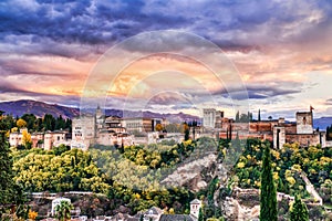 Alhambra Fortress Aerial View at Sunset with Amazing Clouds, Granada, Andalusia