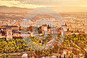 Alhambra Fortress Aerial View at Sunset with Sun Light, Granada, Andalusia