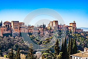 The Alhambra  fortress complex with the Nasrid Palaces and Generalife a UNESCO World Heritage Site in Granada, Andalusia, Spain