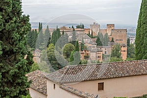 Exterior view at the Alhambra citadel, alcazaba, Charles V and nasrid Palaces and fortress complex, view from Generalife Gardens,