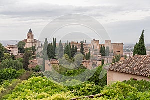 Exterior view at the Alhambra citadel, alcazaba, Charles V and nasrid Palaces and fortress complex, view from Generalife Gardens,