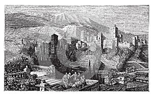 The Alhambra, in Granada, Spain. Old engraving around 1890