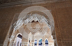Alhambra Palace building interior decoration from Granada City. Spain.