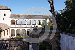 Alhambra Palace courtyard architecture details from Granada City. Spain.