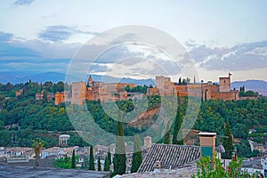 The Alhambra palace and fortress at dawn, Granada, Spain.