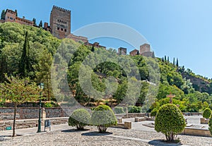 Alhambra palace viewed from Paseo de los Tristes in Granada, Spain