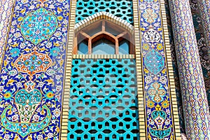 Ali Ibn Abi Talib Mosque Iranian Mosque Hosainia facade, colorful Shia Iranian mosque in Bur Dubai, Deira.