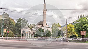 Ali Pasha Mosque timelapse hyperlapse with traffic on intersection in Sarajevo