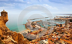 Alicante with docked yachts from castle. Spain