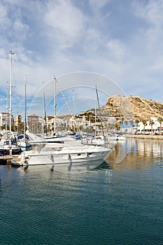 Alicante Port d`Alacant marina with boats and view of castle Castillo travel traveling holidays vacation portrait format in Spain photo