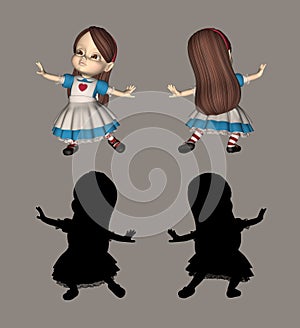 Cute Cartoon Doll Girl In Blue Dress Front And Back Views