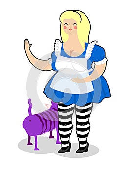 Alice and Cheshire Cat. Old fat woman and shabby fabulous animal