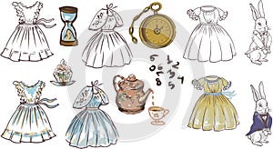 alice fairy tale dresses rabbit clock graphics vector hand drawn print isolated elements on white background vintage dresses
