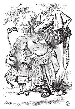 Alice with flamingo chat with the Duchess - Alice`s Adventures in Wonderland original vintage engraving